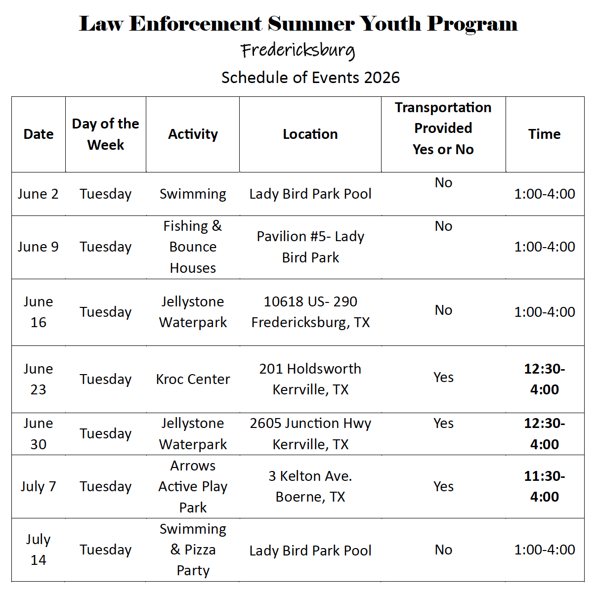 Summer Youth Schedule 2026